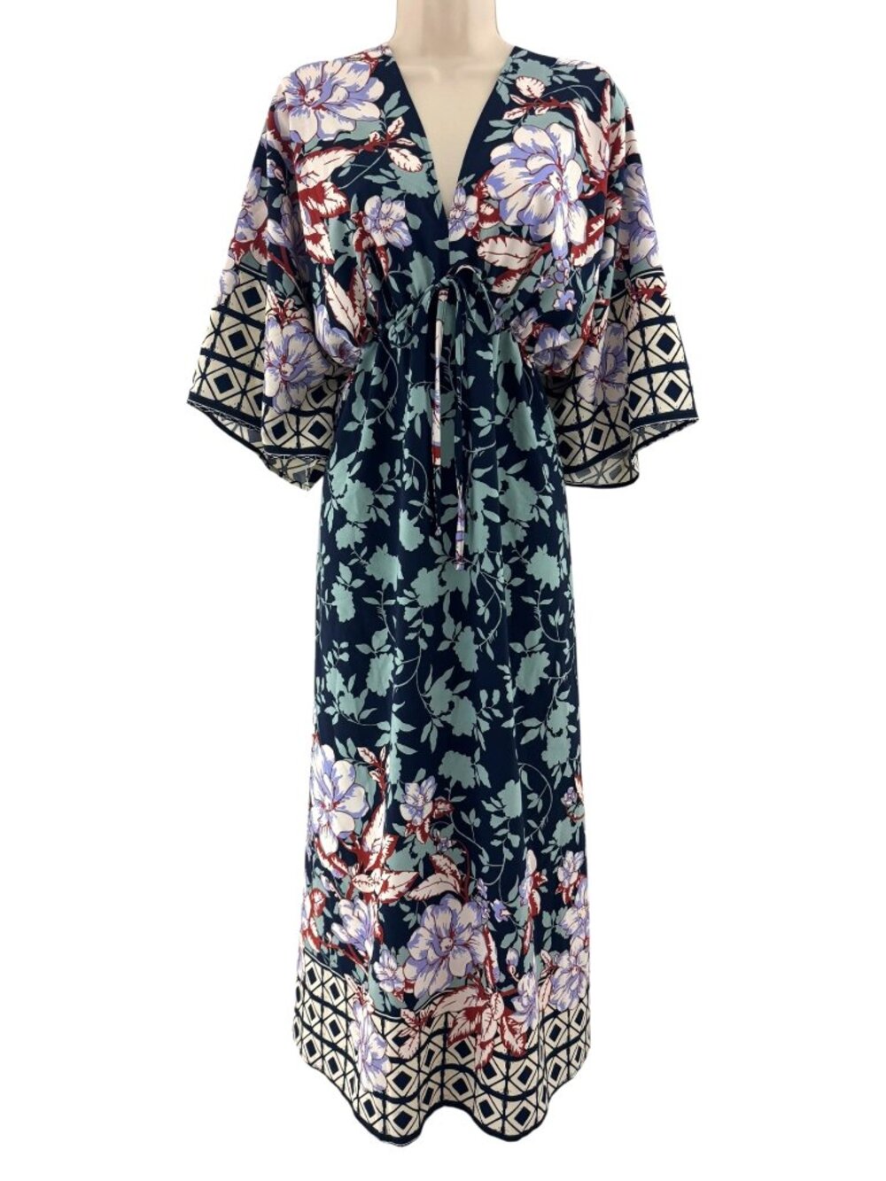 Floral Geometric Print Kimono Sleeve Long Maxi Dress Size 1XL Empire Waist Plus